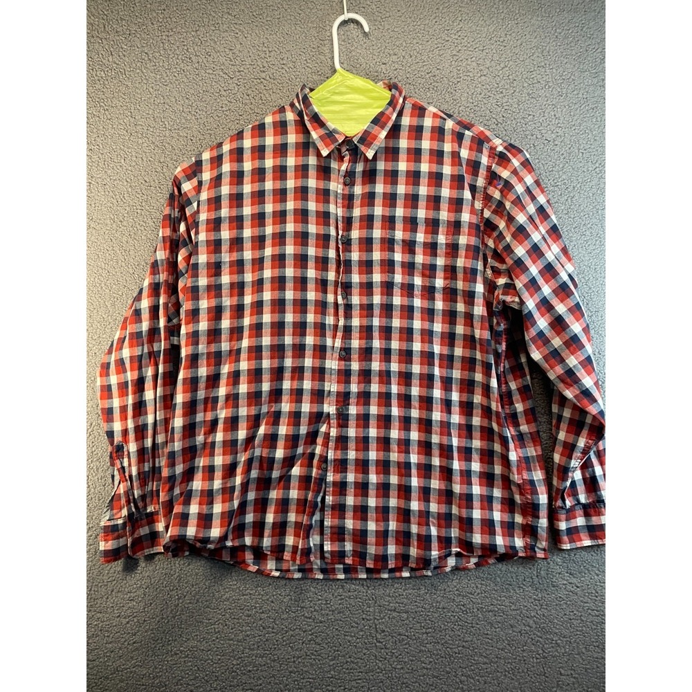 Wrangler Jeans Co Red Shirt Mens 2XL Orange‎ Navy Plaid Pearl Snap Western Rodeo